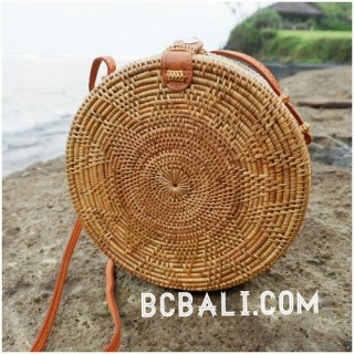 ata grass hand woven circle design handbag leather strap long handle